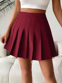 SHEIN PariChic Casual Solid Color Pleated Shorts Skirt For Summer - Burgundy - View 3