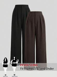 SHEIN PETITE CURVE 大尺碼女款純色百褶寬腿鬆身長褲 休閒優雅 正式辦公教師節早午餐穿搭 黑色巧克力棕 秋季 - 彩色 - 查看 3