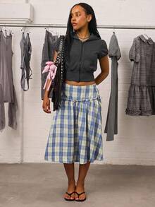 COUREZ Heavy Weight Check Drop Waist Midi Skirt /Autumn Fall Women Clothes Y2K Winter Clothes - Multicolor - View 2