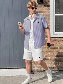 Teen Boys Striped Short Sleeve Shirt & White Shorts With Knight Print For Commute, Beach, Campus & Back To School - Blue - View 1