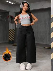 Jeanoix Plus Size Casual Traditional Versatile Baggy Jeans With Frayed Hem Black Summer - Black - View 7
