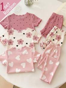 SHEIN [1 Set Acak] Piyama Bayi Perempuan, Motif Polkadot, Bunga, dan Kombinasi Motif Hati yang Lucu dan Manis, Desain Ruffle, Atasan Lengan Pendek Leher Bulat Dipadukan dengan Celana Panjang, Set Pakaian Rumah 2 Potong - MultiWarna - View 2