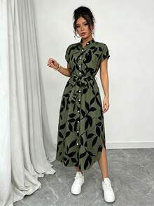 SHEIN Raffinéa 女款休閒度假旅行豹紋前扣鈕扣襯衫腰帶蝴蝶結口袋側開衩 2025夏季新款短袖長洋裝 - 軍綠色 - 查看 4