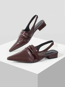 Mnmlis French Pleated Coffee Brown Pointed Low Slingback Shoes, Retro Rear Strap Versatile Outer Wear Women's Shoes, Spring And Summer Low-Heeled - Coffee Brown - View 2