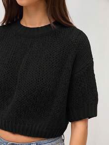 SHEIN Orluneo Nuevo suéter de punto con mangas cortas y cuello redondo para una apariencia elegante - Negro - Ver 2