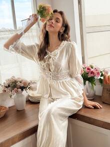 Snug Reverie Lace Trim Patchwork Lantern Sleeve Hollow Out Women's Pajama Set Home Sleep White Autumn Kawaii Elegant - Champagne - View 1