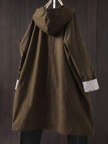 Linhara Versatile Premium Casual Plus Size Women's Patchwork Striped Cuff Hooded Jacket - Brown - View 2