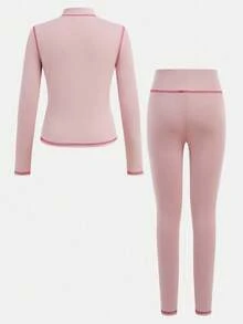 SHEIN 青少年女孩灰粉色秋季運動套裝，拼色滾邊拉鍊立領長袖外套與高腰緊身褲 2 件套 - 粉色 - 查看 3