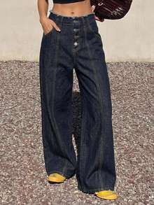 FRIFUL Women's Fashion Frayed Hem Straight Loose Fit Casual Jeans - Blue - View 3