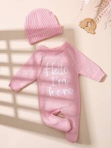 SHEIN 2件組 Hello I'm Here 淡粉色新生兒男嬰女嬰趣味圖案針織嬰兒連身衣連腳褲含帽子 秋季拍照道具 - 粉色 - 查看 6