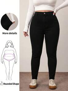 SHEIN CURVE+ 大尺碼休閒寬鬆修身牛仔褲 素色百搭 正式時尚週穿搭 黑色 冬季秋季 早午餐 外出度假造型 - 黑色 - 查看 1