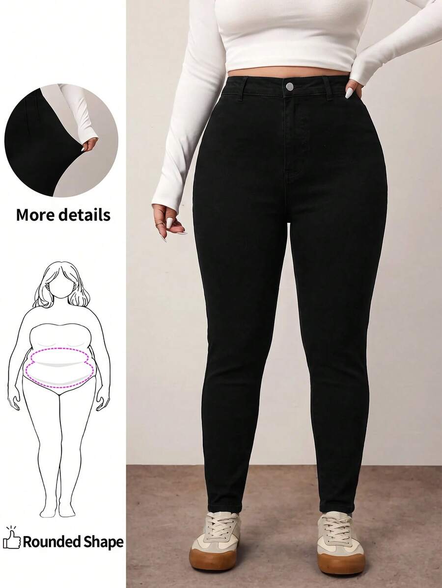 SHEIN CURVE+ 大尺碼休閒寬鬆修身牛仔褲 素色百搭 正式時尚週穿搭 黑色 冬季秋季 早午餐 外出度假造型 - 黑色 - 查看 1