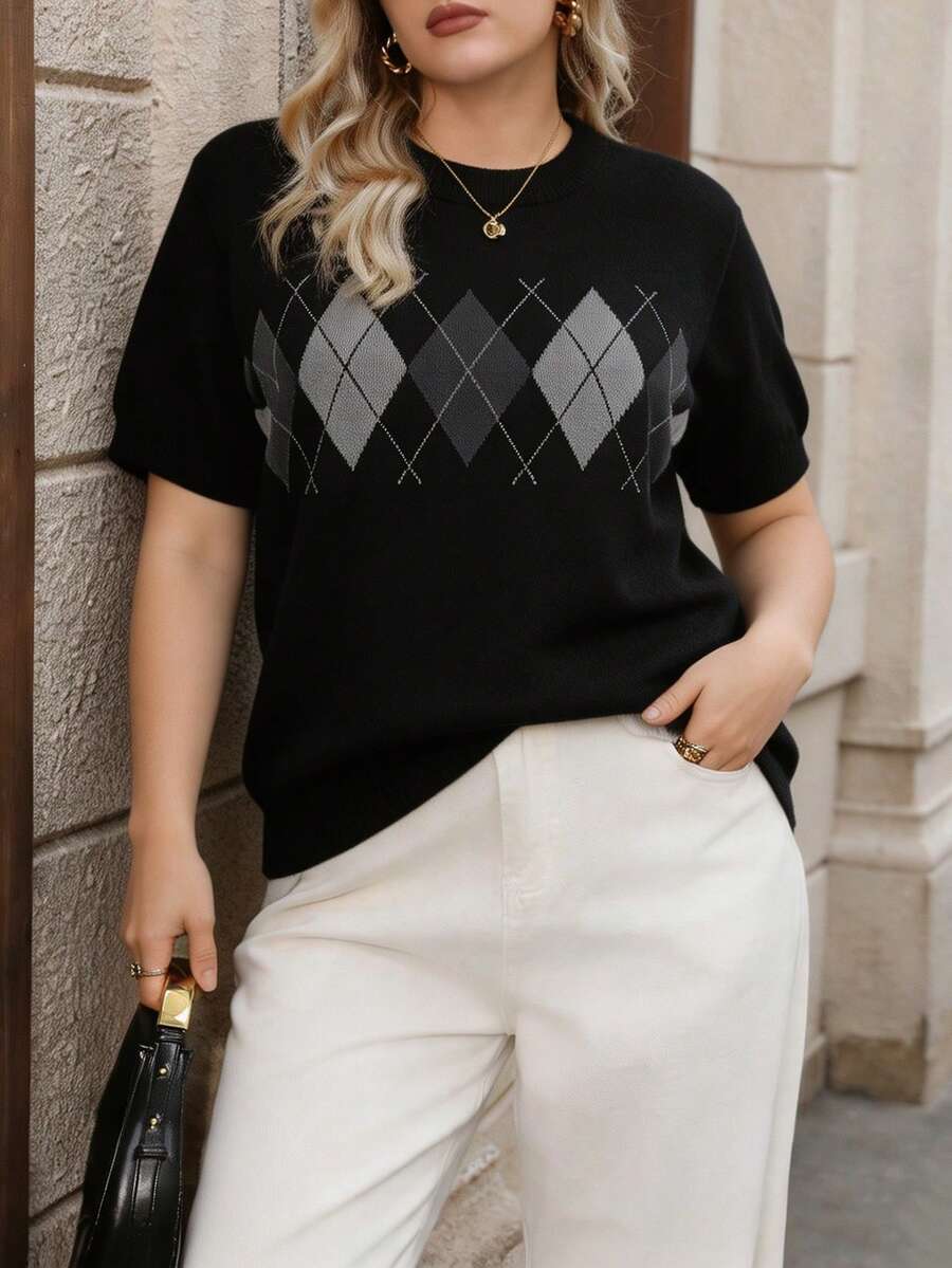 Lacomfia Sweater Pullover Kasual Harian Wanita Ukuran Besar dengan Motif Geometris - Grey - View 1