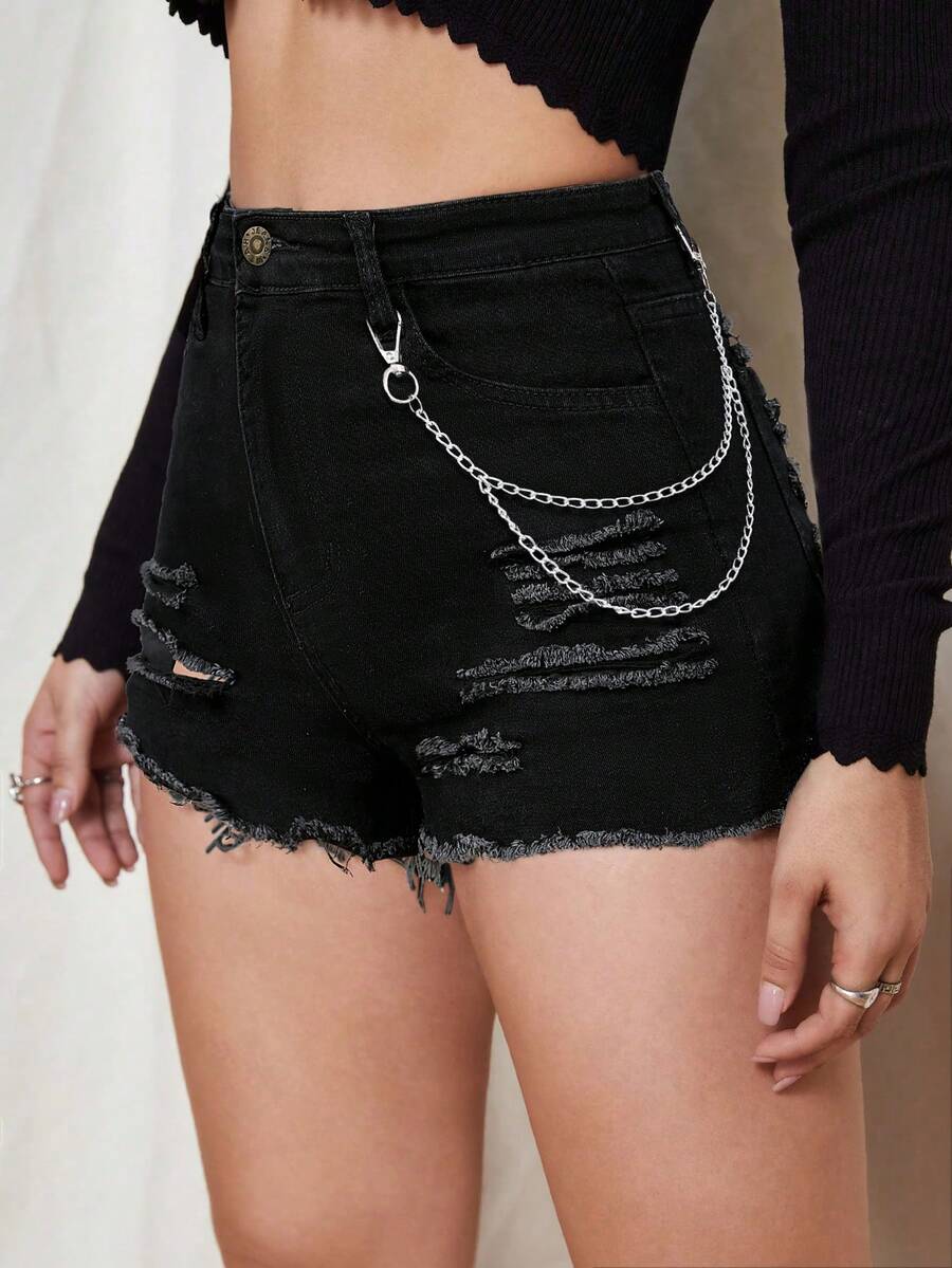 SHEIN Celana Pendek Denim Hitam Sobek Bergaya Outdoor Wanita dengan Hiasan Rantai Logam - Hitam - View 1