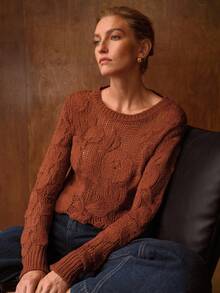MOTF PREMIUM WOMEN SOLID FLORAL PATTERN POINTELLE KNIT SWEATER - Burgundy - View 5