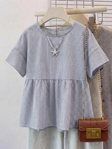 SHEIN EZwear 條紋短袖大尺碼女款襯衫 - 藏蓝色 - 查看 7
