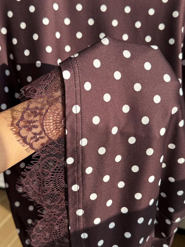 Comfortcana Plus Size Casual Vintage Brown Polka Dot Contrast Lace Women's T-Shirt - Brown - View 3