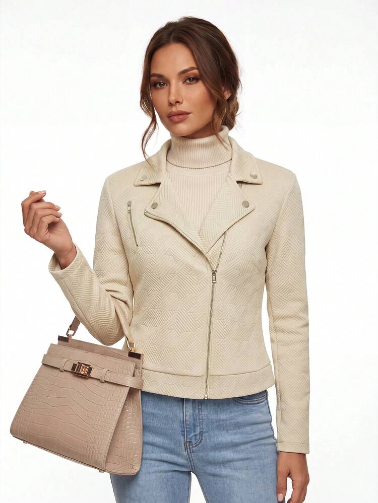 Yalmera Textured Fabric Zip-Up Casual Motorcycle Jacket With Lapel Collar Fall Winter Cloth For Women - Apricot - View 5