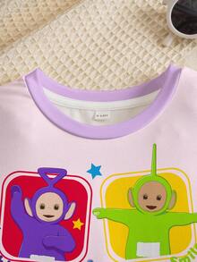 Teletubbies X SHEIN 女嬰字母卡通印花休閒日常短袖上衣 - 白色 - 查看 6