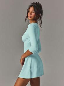 Athîral Women's Casual V-Neck Elastic Mid-Sleeve Backless Short Dress, Date Outfit, Party Outfit, Daily Wear - Teal Blue - View 6