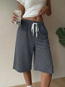 SHEIN EZwear 女士深灰色针织休闲宽松百慕大短裤，夏季 - 深灰色 - 查看 2