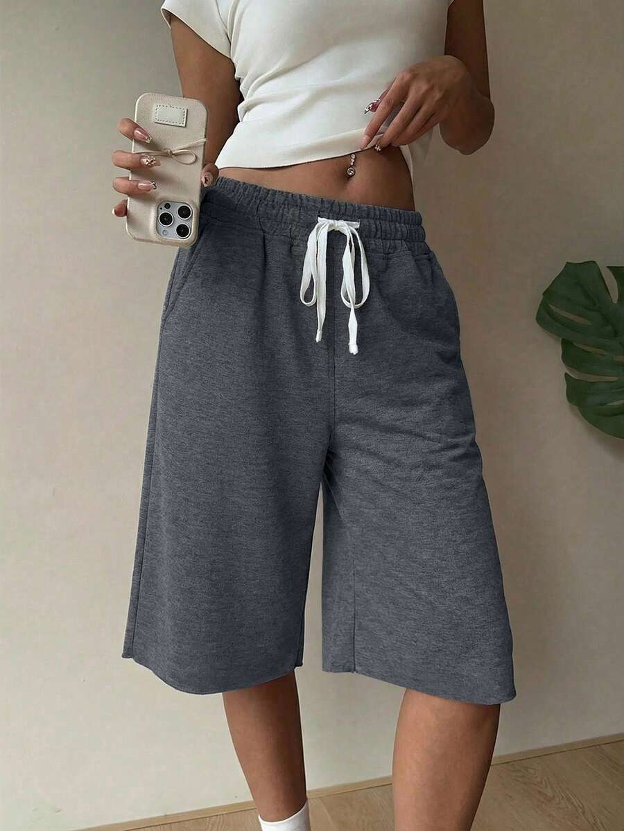 SHEIN EZwear 女士深灰色针织休闲宽松百慕大短裤，夏季