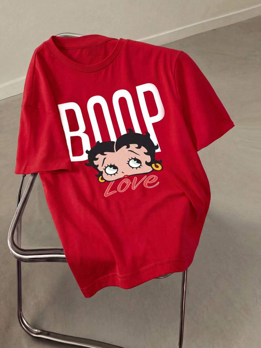 Betty Boop x SHEIN 女士休闲宽松圆领短袖 T 恤,适合夏季 - 紅色 - 查看 1