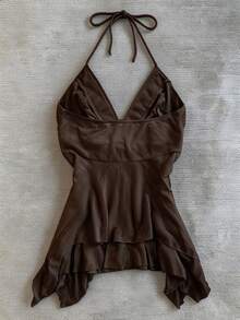 IslaSuriya 女款復古度假風刺繡掛脖綁帶不對稱下擺背心上衣 - 摩卡棕 - 查看 2