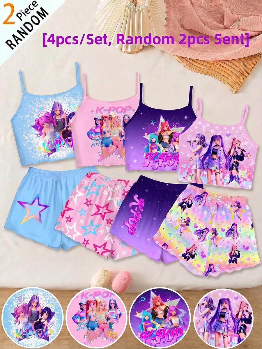 SHEIN 少女卡通女團印花細肩帶上衣與短褲家居服套裝,4款隨機發送 2套 - 彩色 - 查看 1