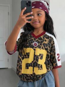 Young Girl Casual Leopard Print V-Neck Numeric T-Shirt - Multicolor - View 1