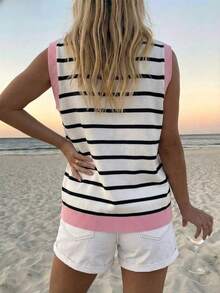 SHEIN Franclia Women's Plus Size Striped Round Neck Casual Versatile Sweater Vest Contrast Color Design Button Front Cardigan Winter - Pink - View 2