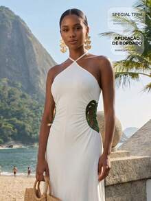 CAJUNI Vestido de vacaciones para mujer con bordado, calado, plisado, cuello halter y lazo en la cintura - Crema - Ver 8