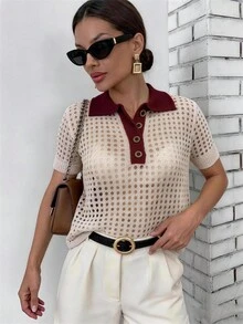 Franclia ملابس علوية نسائية محبوكة بتصميم ألوان متباينة كاجوال متعددة الاستخدامات للارتداء اليومي - بيج - مشاهدة 5