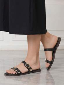 Sleekvia Ladies Comfortable Flat Wear-Resistant Versatile Metal Outdoor Flip-Flops Slippers - Black - View 5