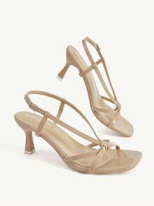 CUCCOO CHICEST 女款交叉綁帶露趾方頭細高跟時尚通勤裸色PU皮革高跟涼鞋，適合約會、度假、下午茶 - 裸色1 - 查看 4