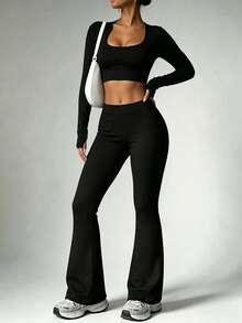 INAWLY Solva Women's Solid Color Cropped Long Sleeve Top And Casual Flared Pants 2 Pieces Set Pilates Gym Black Autumn - Black - View 3