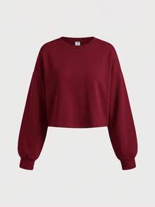 SHEIN Girlism 青少年女孩純色圓領長袖休閒寬鬆秋冬衛衣 - 酒紅色 - 查看 3