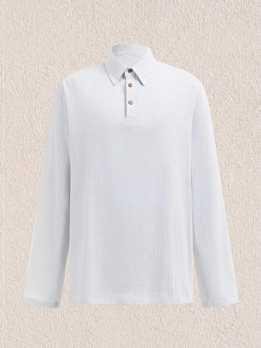 Mercer Haus Men's Lightweight Loose Linen Long Sleeve Polo Shirt For Summer, Half-Placket Button, Breathable, Suitable For Beach And Outdoor Activities (Thin, Lightweight Fabric; Longer Sleeve Design, Choose One Size Down If Slim Build) - White - View 1