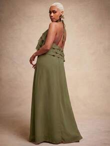 Vixey Solid Chiffon Fully Lined Tiered Ruffle Flowy Halter Neck Maxi Dress, Summer/Spring, Vacay Casual Dress - Olive Green - View 2