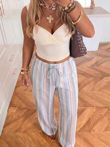 Muchica Light Blue Casual Boho Soft Form Traditional Plus Size Women's Drawstring Waist Wide Leg Long Pants Beach Formal Vacation Autumn - Multicolor - View 5