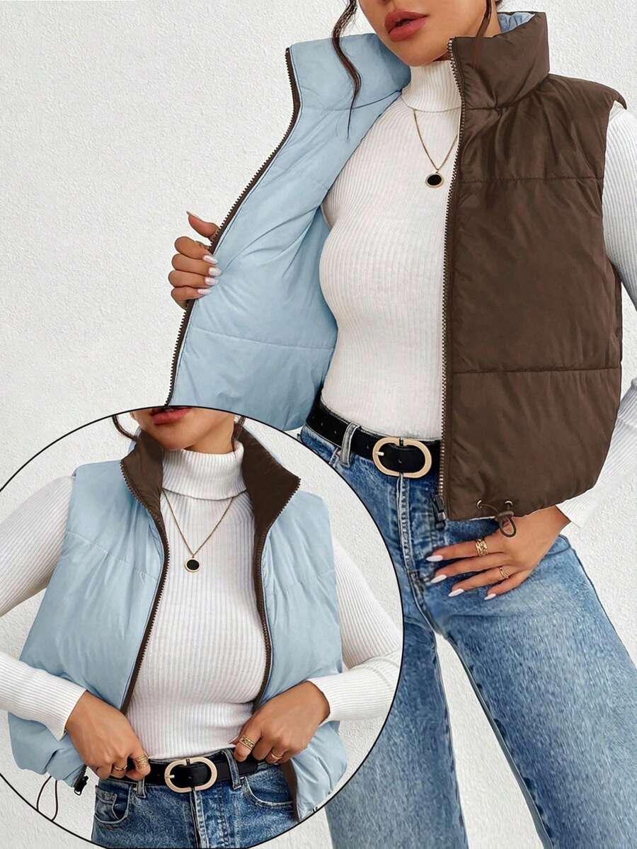 SHEIN Frenchy 女款純色拉鍊休閒日常冬季加厚棉墊背心 - 咖啡棕 - 查看 1