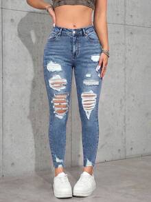 SHEIN PETITE Women's Contrast Color Ripped Skinny Pocket Casual Jeans - Medium Wash - View 6