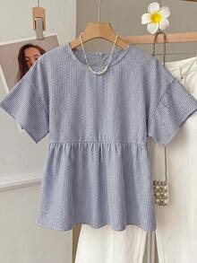 SHEIN EZwear 條紋短袖大尺碼女款襯衫 - 藏蓝色 - 查看 4