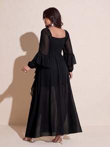 Viva Relle Plus Size Women's Ruched Bust Flowy Hem Long Dress With Ruffle Trim, Suitable For Dating, Cocktail Party, Party And Other Occasions Fall - Black - View 2
