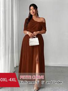 SHEIN PETITE CURVE 大码女士优雅浪漫婚礼宾客礼服，轻盈雪纺单肩开衩连衣裙，适合派对穿着 - 棕色 - 查看 1