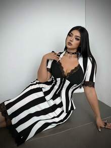 Whyspr Halloween Cosplay Light Punk Striped Colorblock Lace Halloween Gothic Elegant Commute Short Sleeve Skirt Short Plus Size 2 Pieces Set Women's Hallowee - Black and White - View 6