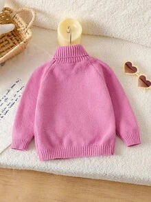 SHEIN Baby Girls Sweaters Autumn Winter Thick Chunky Knit Christmas Holiday Cute Duck Design Jacquard High Neck Raglan Sleeve Pullover Pastel Pink - Hot Pink - View 3