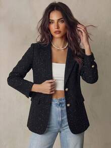 Franclia 法式复古时尚商务H字修身亮片装饰单排扣女士西装外套，秋冬 - 黑色 - 查看 1
