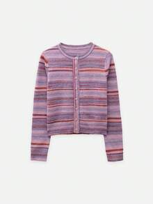 Nöista Purple Striped Knit Cardigan Features Fitted,Cropped Cut, Soft,Youthful,Sweet. Versatile Practical Wardrobe Staple Fall Winter,. - Purple - View 6