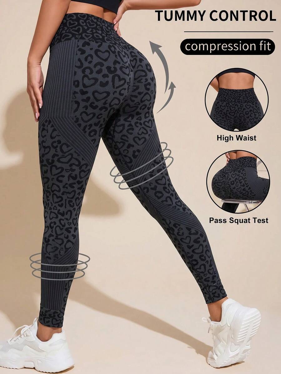 SHEIN Sports Heart Patchwork High Waist Seamless Sports Leggings - Black - View 1